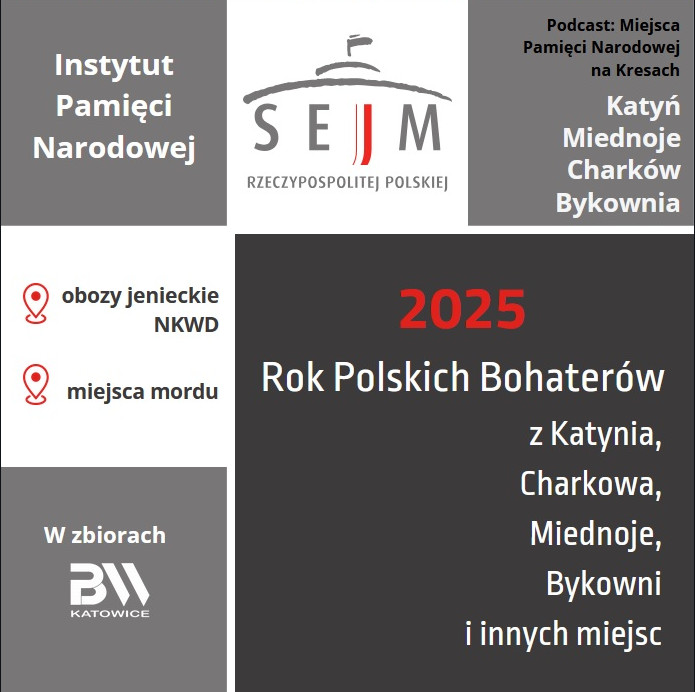 Materiały związane z Rokiem Polskich Bohaterów z Katynia, Charkowa, Miednoje, Bykowni i innych miejsc, zebrane na platformie Canva - ilustracja